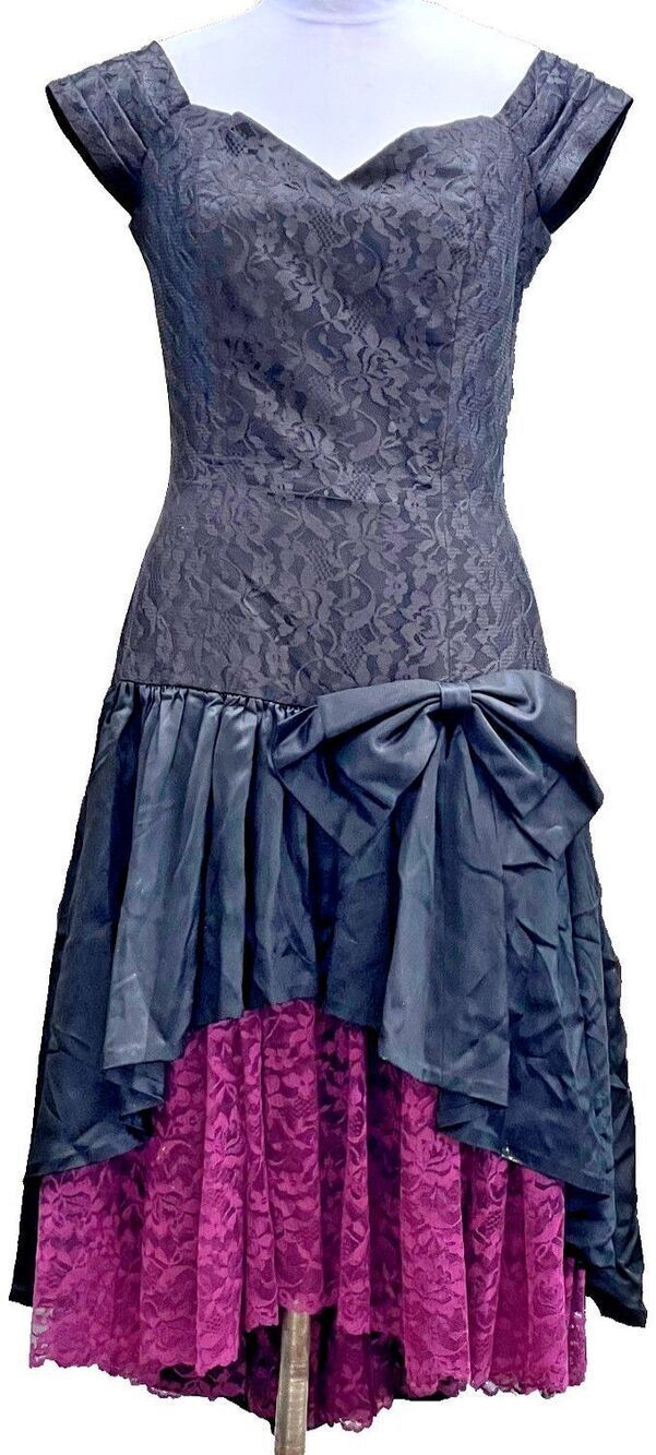Vintage 80s Custom Purple Black Drop Waisted Corset Dress Size M